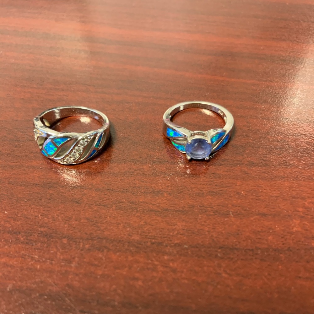set of 2 blue fire opal rings
